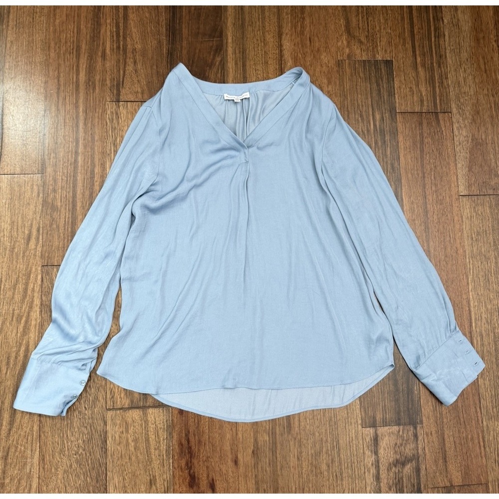 Maison D'Amelie Long Sleeve Womens Top Blouse Medium Blue Solid V Neck Tunic